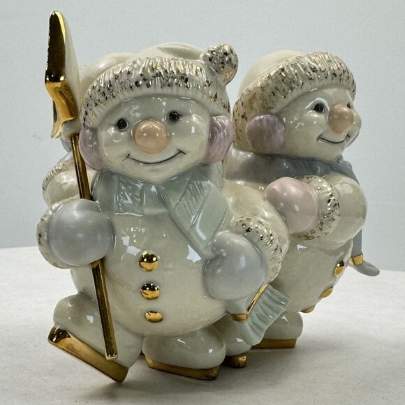 Vintage Set of 2 Lenox Snowmen Trio Skating by Candlelight Candle Holders Taper - Picture 9 of 16